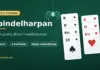 Grafik för gratisspelet Spindelharpan med rubriken "Spindelharpan – spela gratis direkt i webbläsaren", spelkort i spader och hjärter samt en spindel i sitt nät.