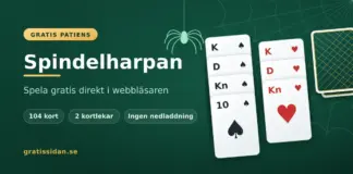 Spindelharpan – spela gratisspelet online Grafik för gratisspelet Spindelharpan med rubriken "Spindelharpan – spela gratis direkt i webbläsaren", spelkort i spader och hjärter samt en spindel i sitt nät.