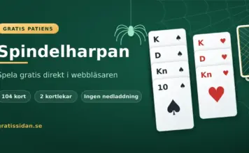 Spindelharpan – spela gratisspelet online Grafik för gratisspelet Spindelharpan med rubriken "Spindelharpan – spela gratis direkt i webbläsaren", spelkort i spader och hjärter samt en spindel i sitt nät.