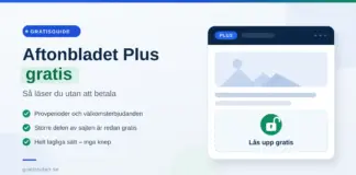 Aftonbladet Plus gratis – så läser du utan att betala Illustration med rubriken "Aftonbladet Plus gratis – så läser du utan att betala" bredvid en artikelvy med betalvägg och ett öppet hänglås märkt "Lås upp gratis".