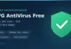 Grafik med grön sköld och vit bock samt texten ”AVG AntiVirus Free – finns det kvar och är det bra idag?” på mörkblå bakgrund.