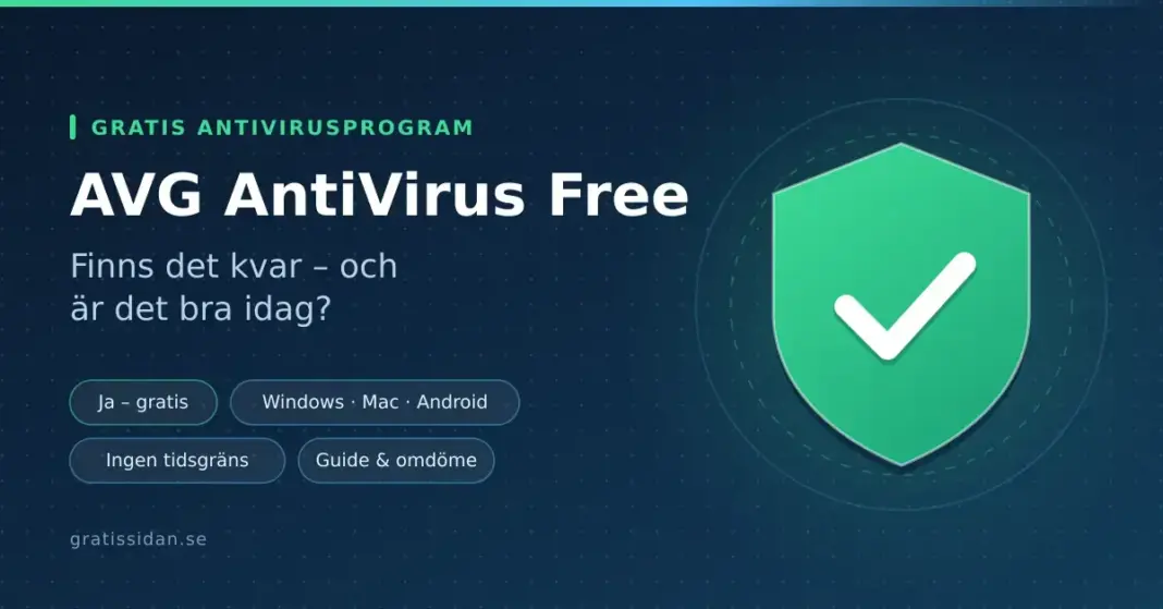 AVG AntiVirus Free – finns det kvar och är det bra idag? Grafik med grön sköld och vit bock samt texten ”AVG AntiVirus Free – finns det kvar och är det bra idag?” på mörkblå bakgrund.