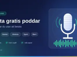 Bästa gratis poddar – så lyssnar du utan att betala Grafik med en mikrofon och ljudvågor bredvid texten "Bästa gratis poddar – så lyssnar du utan att betala" och en gul märkning med "100% gratis".