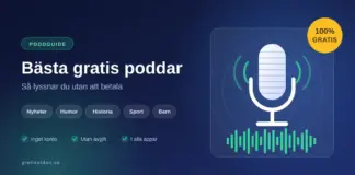 Bästa gratis poddar – så lyssnar du utan att betala Grafik med en mikrofon och ljudvågor bredvid texten "Bästa gratis poddar – så lyssnar du utan att betala" och en gul märkning med "100% gratis".