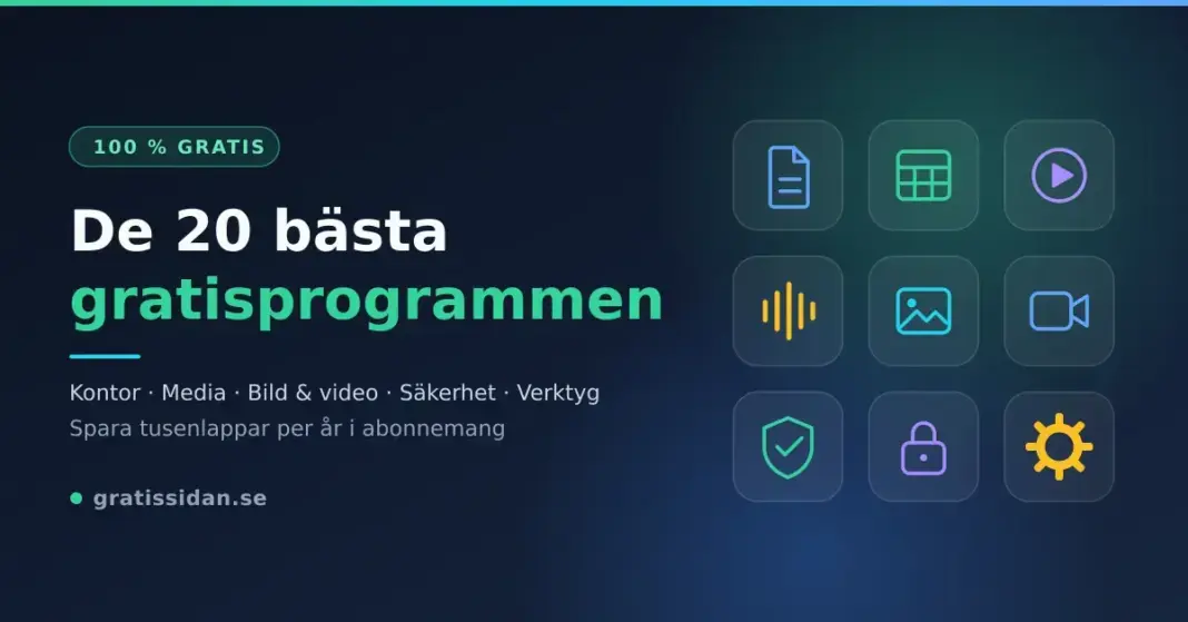 De 20 bästa gratisprogrammen Grafik med rubriken "De 20 bästa gratisprogrammen" bredvid ett rutnät med ikoner för kontor, media, bild och video, säkerhet och verktyg.