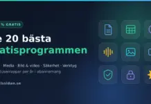 De 20 bästa gratisprogrammen Grafik med rubriken "De 20 bästa gratisprogrammen" bredvid ett rutnät med ikoner för kontor, media, bild och video, säkerhet och verktyg.
