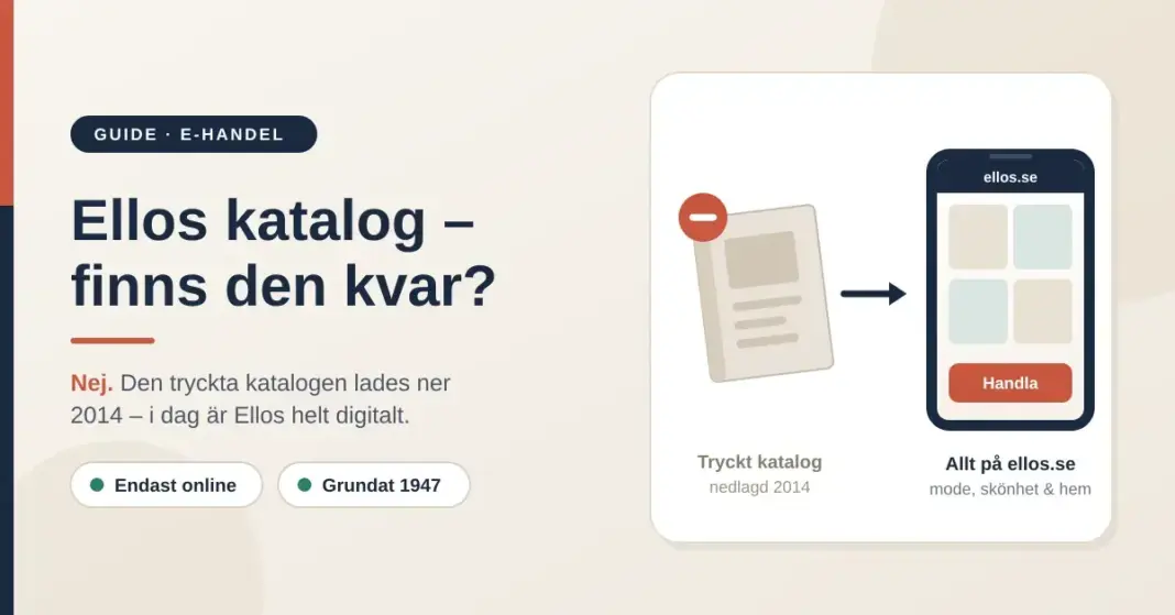 Ellos katalog – finns den kvar? Så handlar du hos Ellos idag Illustration som visar Ellos nedlagda tryckta katalog med en pil till en mobil med webbutiken ellos.se, samt texten "Ellos katalog – finns den kvar?".
