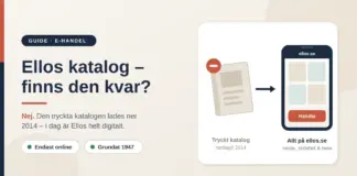 Illustration som visar Ellos nedlagda tryckta katalog med en pil till en mobil med webbutiken ellos.se, samt texten "Ellos katalog – finns den kvar?".