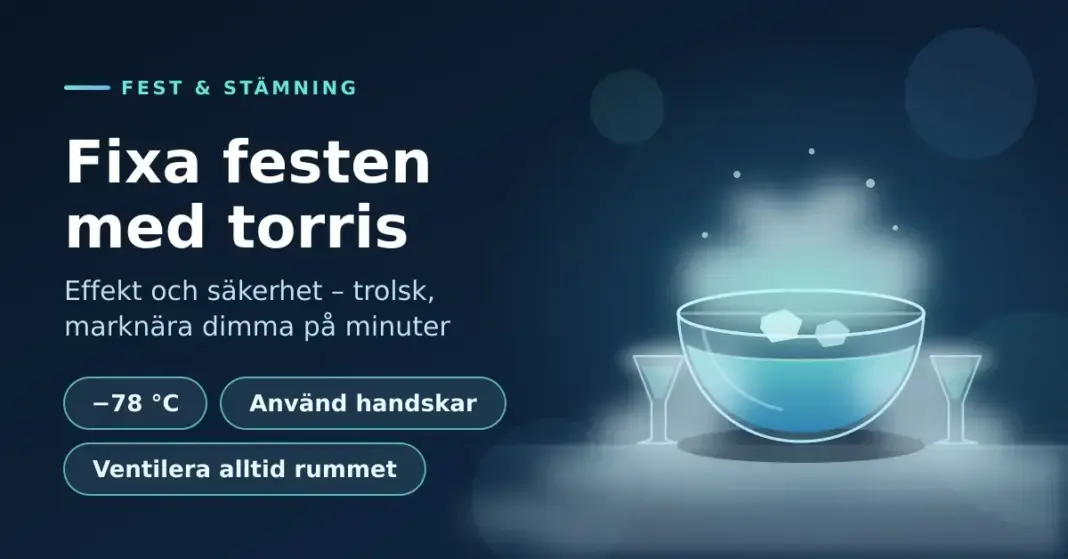 Fixa festen med torris – effekt och säkerhet Illustration av en bål med torris som avger trolsk, marknära dimma, tillsammans med texten "Fixa festen med torris" och säkerhetstipsen −78 °C, använd handskar och ventilera alltid rummet.
