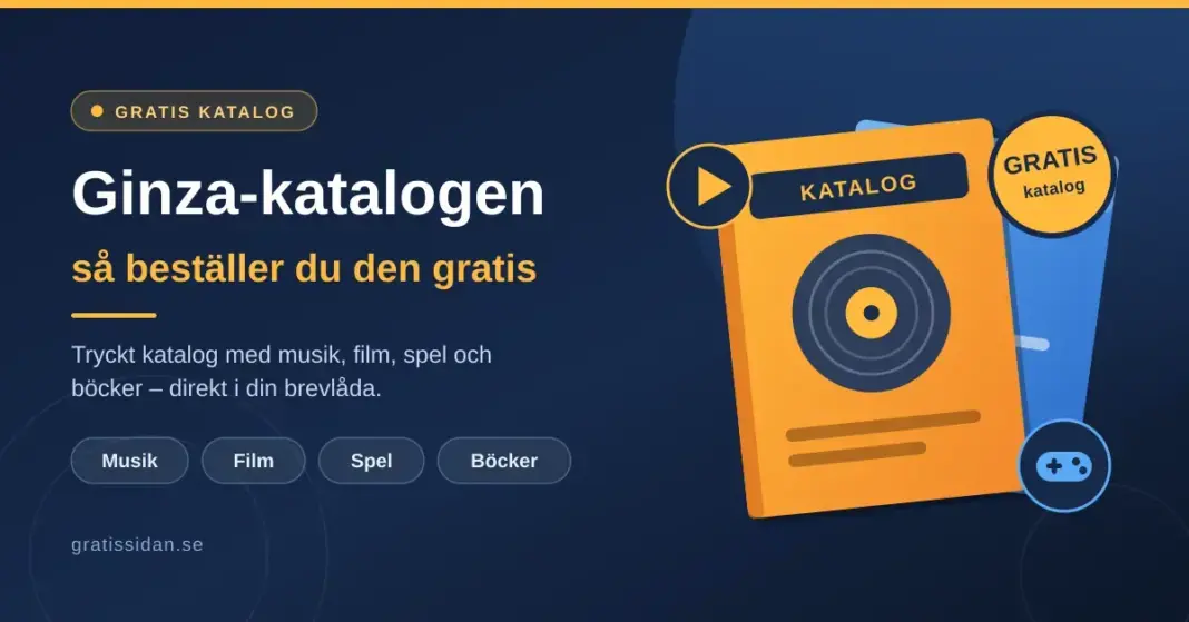Ginza-katalogen - så beställer du Ginzas gratiskatalog Grafik med texten "Ginza-katalogen – så beställer du den gratis" bredvid en illustrerad postorderkatalog med skiva, filmsymbol, spelkontroll och en gratisstämpel.