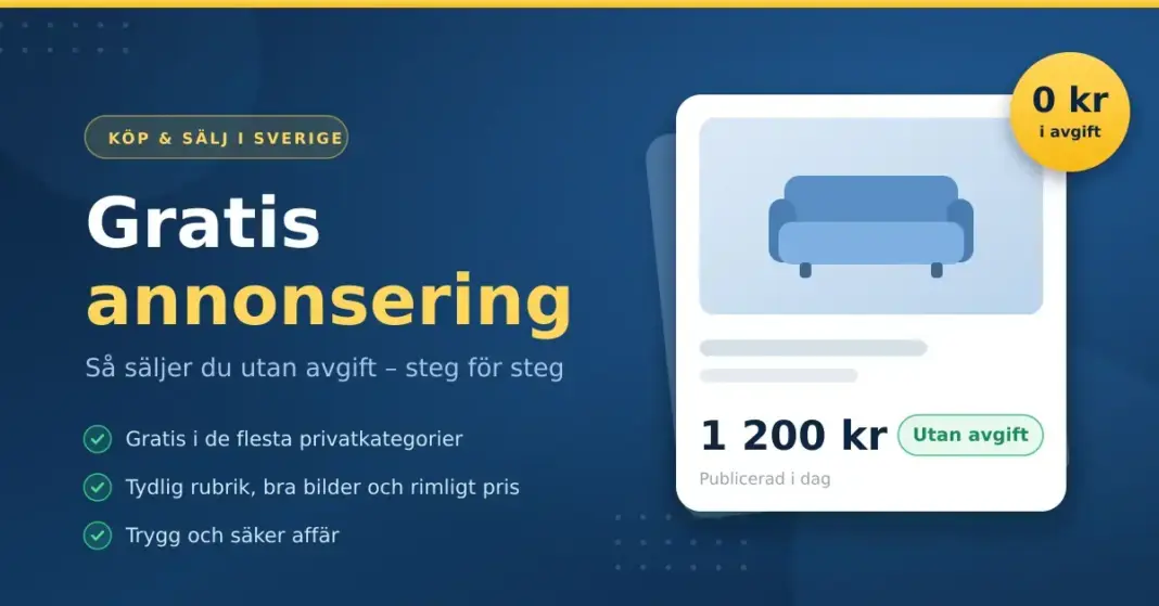 Gratis annonsering – så säljer du utan avgift i Sverige Grafik med rubriken "Gratis annonsering" bredvid en illustrerad köp- och säljannons för en soffa till 1 200 kr med märkningen "0 kr i avgift".