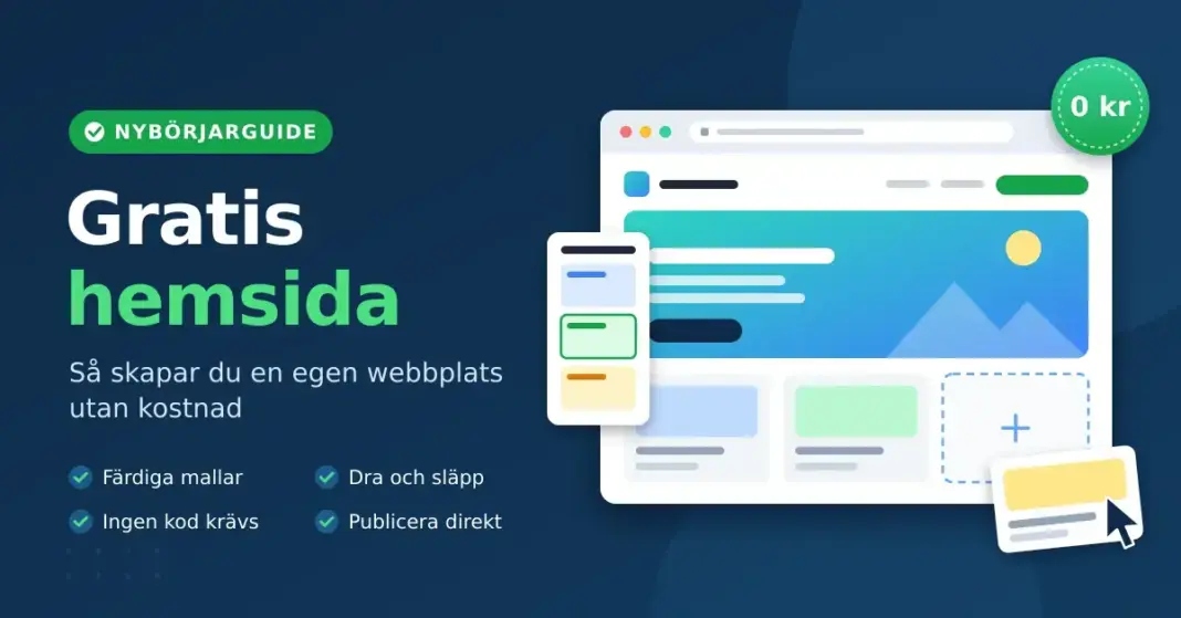 Gratis hemsida – så skapar du en egen webbplats utan kostnad Illustration av en webbläsare med en hemsida som byggs med färdiga mallar och dra-och-släpp, bredvid texten ”Gratis hemsida – så skapar du en egen webbplats utan kostnad” och en grön etikett med ”0 kr”.