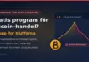 Illustration med varningstriangel, bitcoinmynt och ett kraschande kursdiagram i en falsk trading-robot, med texten "Gratis program för Bitcoin-handel? Se upp för bluffarna".