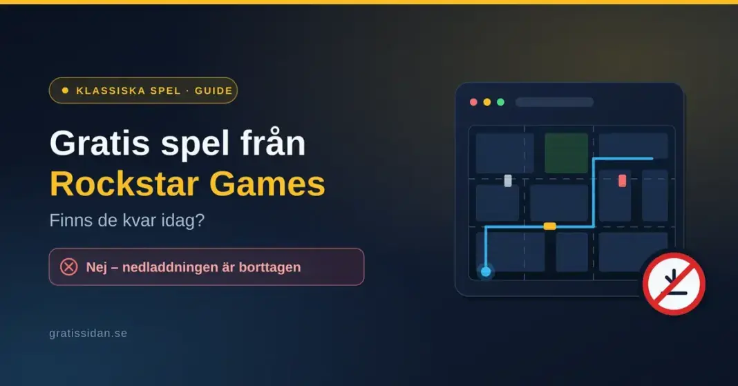 Gratis spel från Rockstar Games – finns de kvar? Grafik med rubriken "Gratis spel från Rockstar Games" och en överstruken nedladdningssymbol, som visar att den officiella gratisnedladdningen av de klassiska spelen är borttagen.