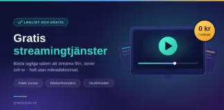 Gratis streamingtjänster – bästa lagliga sätten att streama gratis Illustration av en tv-skärm med uppspelningsknapp och en gul prislapp med texten "0 kr per månad", som symboliserar gratis och lagliga streamingtjänster i Sverige.