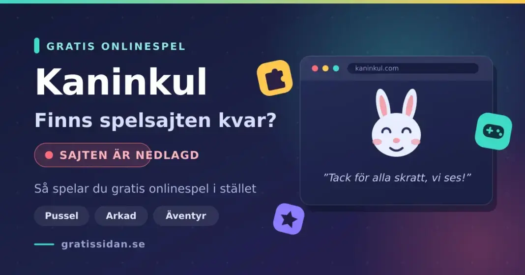 Grafik med texten ”Kaninkul – finns spelsajten kvar?” och en röd markering om att sajten är nedlagd, bredvid ett webbläsarfönster med kaninkul.com där en kanin och avskedshälsningen ”Tack för alla skratt, vi ses!” visas.