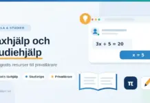 Läxhjälp och studiehjälp – från gratis resurser till privatlärare Illustration med texten "Läxhjälp och studiehjälp – från gratis resurser till privatlärare" bredvid en dator med onlinehjälp i matematik, en uppslagen bok, en penna och matematiksymboler.