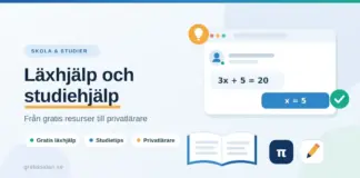 Läxhjälp och studiehjälp – från gratis resurser till privatlärare Illustration med texten "Läxhjälp och studiehjälp – från gratis resurser till privatlärare" bredvid en dator med onlinehjälp i matematik, en uppslagen bok, en penna och matematiksymboler.