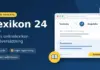 Illustration av ett onlinelexikon i webbläsaren som översätter mellan svenska och engelska, bredvid rubriken "Lexikon 24 – gratis onlinelexikon och översättning".