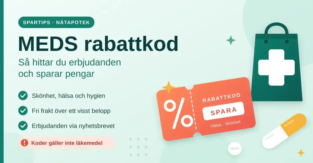 MEDS rabattkod – så hittar du erbjudanden och sparar Grafik med rubriken "MEDS rabattkod – så hittar du erbjudanden och sparar pengar" som visar en orange rabattkupong med procenttecken, en grön apotekskasse med kors och kapslar, samt tips om att koderna gäller skönhet, hälsa och hygien men inte läkemedel.