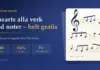 Grafik med rubriken "Mozarts alla verk med noter – helt gratis" bredvid ett notblad med g-klav och noter, som illustrerar att Mozarts samlade noter finns gratis online.