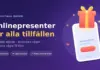 Grafik med rubriken "Onlinepresenter för alla tillfällen" bredvid en mobiltelefon med en present som poppar upp ur skärmen, omgiven av hjärtan och stjärnor.