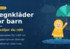 Illustration av ett barn i gul regnjacka och stövlar som står i en vattenpöl med paraply i regnet, bredvid texten "Regnkläder för barn – så väljer du rätt".
