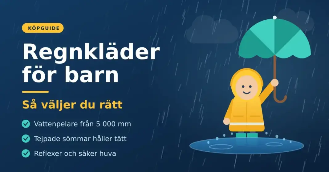 Regnkläder för barn – så väljer du rätt Illustration av ett barn i gul regnjacka och stövlar som står i en vattenpöl med paraply i regnet, bredvid texten "Regnkläder för barn – så väljer du rätt".
