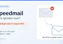 Speedmail – finns tjänsten kvar? Gratis e-post och alternativ idag Grafik med rubriken ”Speedmail – finns tjänsten kvar?” och texten att tjänsten är nedlagd sedan 17 augusti 2018, med ett gråmarkerat kuvert som pekar mot ett nytt blått kuvert för en ny gratis e-postadress.