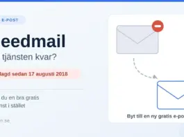 Speedmail – finns tjänsten kvar? Gratis e-post och alternativ idag Grafik med rubriken ”Speedmail – finns tjänsten kvar?” och texten att tjänsten är nedlagd sedan 17 augusti 2018, med ett gråmarkerat kuvert som pekar mot ett nytt blått kuvert för en ny gratis e-postadress.