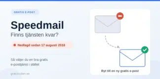 Speedmail – finns tjänsten kvar? Gratis e-post och alternativ idag Grafik med rubriken ”Speedmail – finns tjänsten kvar?” och texten att tjänsten är nedlagd sedan 17 augusti 2018, med ett gråmarkerat kuvert som pekar mot ett nytt blått kuvert för en ny gratis e-postadress.