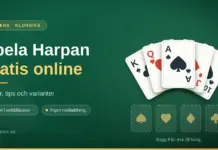 Spela Harpan gratis online – regler, tips och varianter Grafik med rubriken "Spela Harpan gratis online" mot en grön spelduk, med en solfjäder av spelkort och fyra tomma grundhögar för spader, hjärter, ruter och klöver.