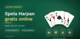 Spela Harpan gratis online – regler, tips och varianter Grafik med rubriken "Spela Harpan gratis online" mot en grön spelduk, med en solfjäder av spelkort och fyra tomma grundhögar för spader, hjärter, ruter och klöver.