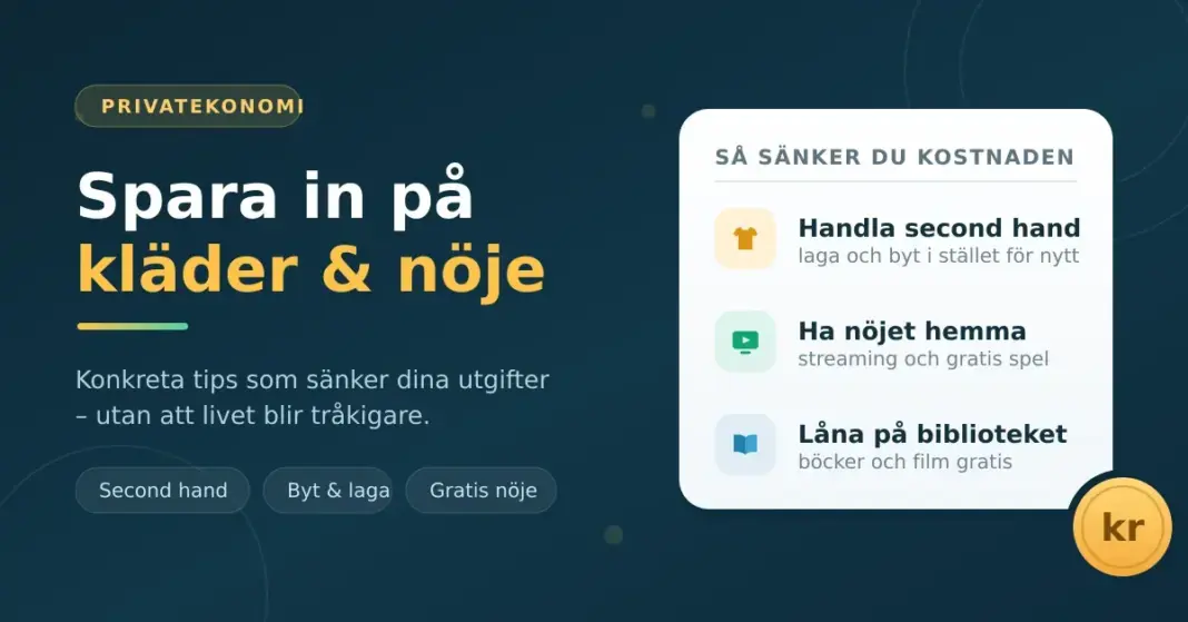 Tips för att spara in på kläder och nöje Grafik med rubriken "Spara in på kläder & nöje" och en checklista med tre spartips: handla second hand, ha nöjet hemma med streaming och låna böcker och film gratis på biblioteket.