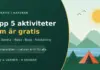 Illustration av ett tält vid en sjö med skog och berg, med texten "Topp 5 aktiviteter som är gratis".