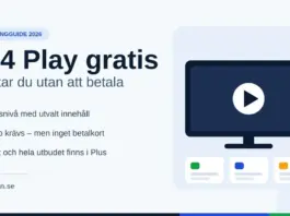TV4 Play gratis – så tittar du utan att betala Grafik med rubriken ”TV4 Play gratis – så tittar du utan att betala” bredvid en illustrerad tv-skärm med uppspelningsknapp och en grön ”0 kr”-symbol.