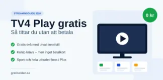 TV4 Play gratis – så tittar du utan att betala Grafik med rubriken ”TV4 Play gratis – så tittar du utan att betala” bredvid en illustrerad tv-skärm med uppspelningsknapp och en grön ”0 kr”-symbol.