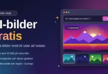 AI-bilder gratis: skapa bilder med AI utan att betala Grafik med rubriken "AI-bilder gratis" bredvid ett AI-bildverktyg där texten "En solnedgång över fjällen" har blivit en färgglad fjällbild märkt "AI-genererad", med en "0 kr"-etikett.