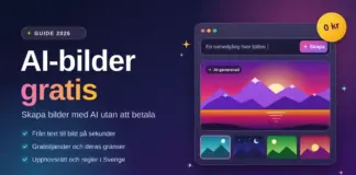 AI-bilder gratis: skapa bilder med AI utan att betala Grafik med rubriken "AI-bilder gratis" bredvid ett AI-bildverktyg där texten "En solnedgång över fjällen" har blivit en färgglad fjällbild märkt "AI-genererad", med en "0 kr"-etikett.