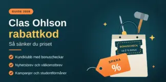 Clas Ohlson rabattkod – så sänker du priset (guide 2026) Grafik med texten "Clas Ohlson rabattkod – Så sänker du priset" bredvid en shoppingkasse med verktyg, en bonuscheck och en orange prislapp med procenttecken, samt tips om kundklubb, nyhetsbrev, kampanjer och studentförmåner.