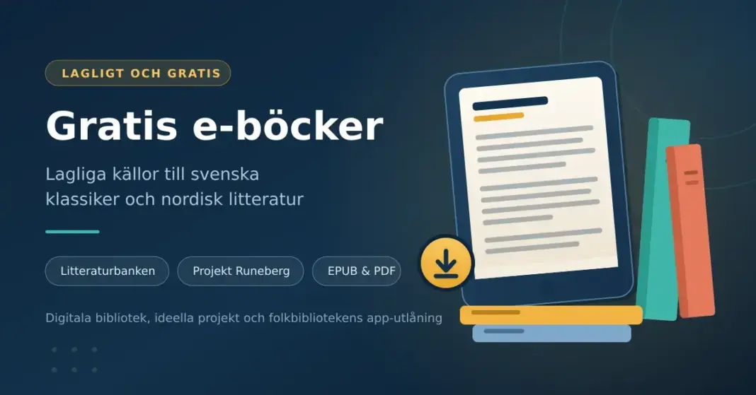 Gratis e-böcker: lagliga källor till svenska klassiker och nordisk litteratur Grafik med rubriken "Gratis e-böcker" bredvid en läsplatta med en bok på skärmen, en nedladdningssymbol och en trave böcker, som illustrerar lagliga källor till svenska klassiker och nordisk litteratur.