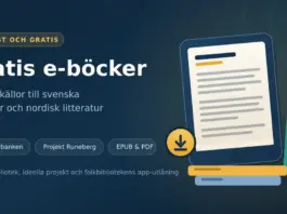 Gratis e-böcker: lagliga källor till svenska klassiker och nordisk litteratur Grafik med rubriken "Gratis e-böcker" bredvid en läsplatta med en bok på skärmen, en nedladdningssymbol och en trave böcker, som illustrerar lagliga källor till svenska klassiker och nordisk litteratur.