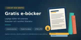 Gratis e-böcker: lagliga källor till svenska klassiker och nordisk litteratur Grafik med rubriken "Gratis e-böcker" bredvid en läsplatta med en bok på skärmen, en nedladdningssymbol och en trave böcker, som illustrerar lagliga källor till svenska klassiker och nordisk litteratur.