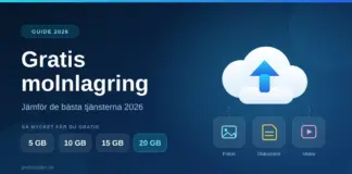 Gratis molnlagring – jämför de bästa tjänsterna 2026 En illustration av ett moln med en uppladdningspil och ikoner för foton, dokument och video, med texten "Gratis molnlagring – jämför de bästa tjänsterna 2026" och de gratis lagringsnivåerna 5, 10, 15 och 20 GB.