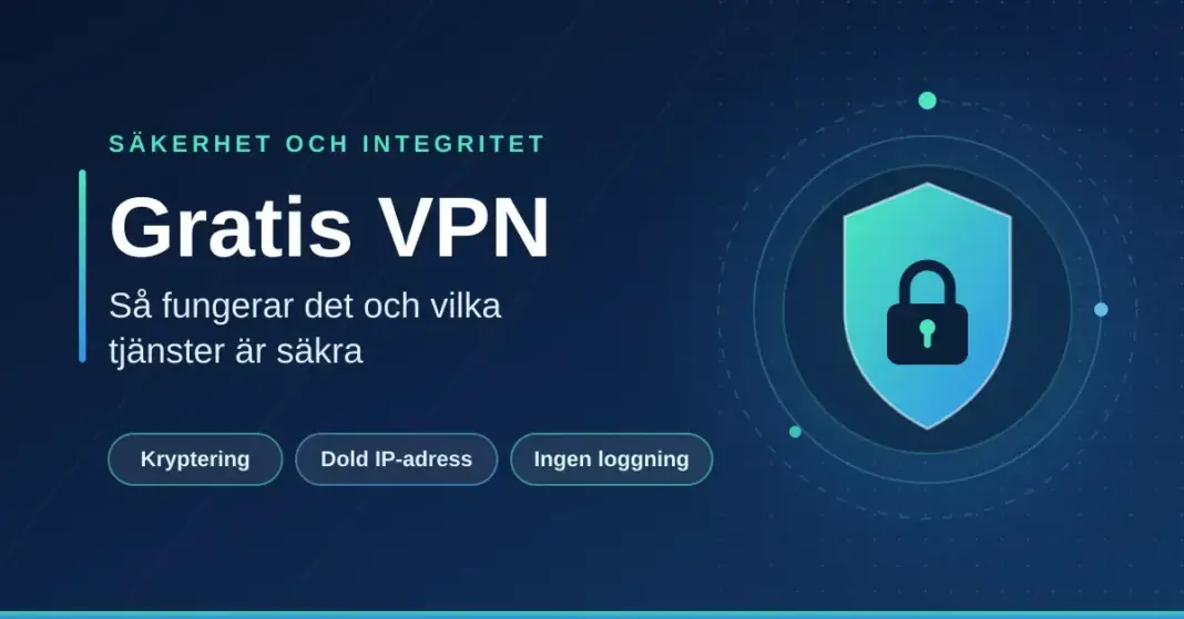 Grafik med rubriken "Gratis VPN – så fungerar det och vilka tjänster är säkra" bredvid en sköld med ett hänglås, samt etiketterna Kryptering, Dold IP-adress och Ingen loggning.
