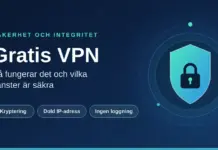 Gratis VPN: så fungerar det och vilka tjänster är säkra Grafik med rubriken "Gratis VPN – så fungerar det och vilka tjänster är säkra" bredvid en sköld med ett hänglås, samt etiketterna Kryptering, Dold IP-adress och Ingen loggning.
