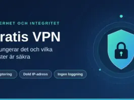 Gratis VPN: så fungerar det och vilka tjänster är säkra Grafik med rubriken "Gratis VPN – så fungerar det och vilka tjänster är säkra" bredvid en sköld med ett hänglås, samt etiketterna Kryptering, Dold IP-adress och Ingen loggning.