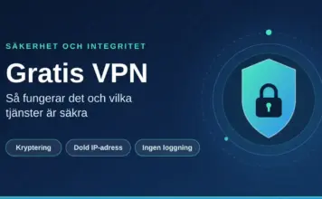 Gratis VPN: så fungerar det och vilka tjänster är säkra Grafik med rubriken "Gratis VPN – så fungerar det och vilka tjänster är säkra" bredvid en sköld med ett hänglås, samt etiketterna Kryptering, Dold IP-adress och Ingen loggning.