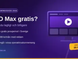 HBO Max gratis: finns det och vilka lagliga sätt funkar 2026? Illustration med texten "HBO Max gratis?" bredvid en tv-skärm med uppspelningsknapp, som visar att det inte finns någon gratis provperiod i Sverige och att priset börjar på 89 kr/mån.