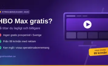 HBO Max gratis: finns det och vilka lagliga sätt funkar 2026? Illustration med texten "HBO Max gratis?" bredvid en tv-skärm med uppspelningsknapp, som visar att det inte finns någon gratis provperiod i Sverige och att priset börjar på 89 kr/mån.